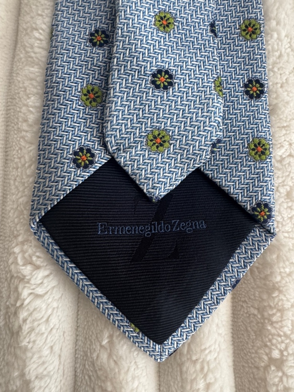 Ermenegildo Zegna Silk Designer Tie Blue Herringbone Floral Medallion